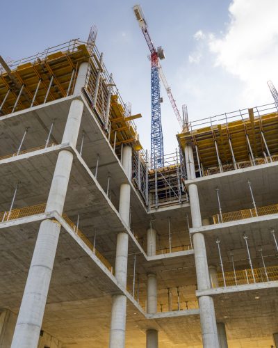 A low angle shot of a building under construction